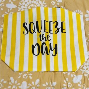 Bright Yellow and White Striped SQUEEZE THE DAY large tote. New. Never used.